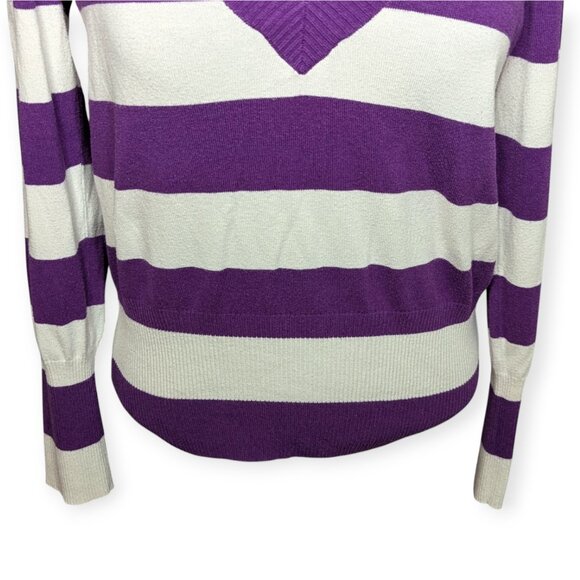 SO Vibrant Purple & White Striped V-Neck Long Sleeve Sweater Juniors Size XL - Picture 3 of 12